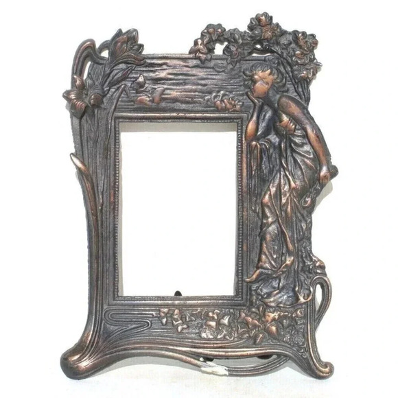 Vintage Art Nouveau Deco Metal Copper Look Picture Frame w/ Stand Lady In Garden - Picture 1 of 2